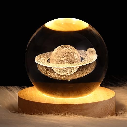 KISUASHI 3D Galaxy Crystal Ball Night Light, LED Solar System Crystal Light with Wooden Base, Moon
