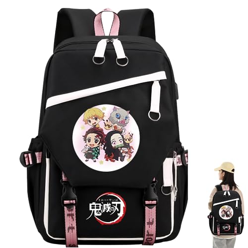 Fancyku® Demon Slayer Bag, Anime Backpack with USB Charging Port and Headphone Jack, Girls Large