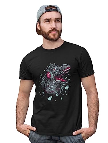 Aayansh CREATIONDinasaur with Headphone Black Round Neck Cotton Half Sleeved T-Shirt with Printed
