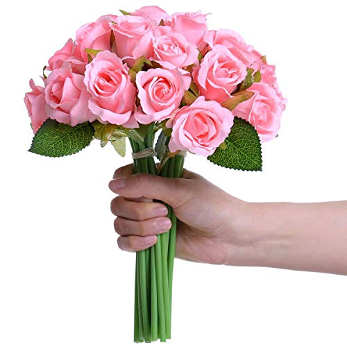 TIED RIBBONS Set of 12 Artificial Rose Flowers Bunches for Vase (24 cm, Light Pink) - Home