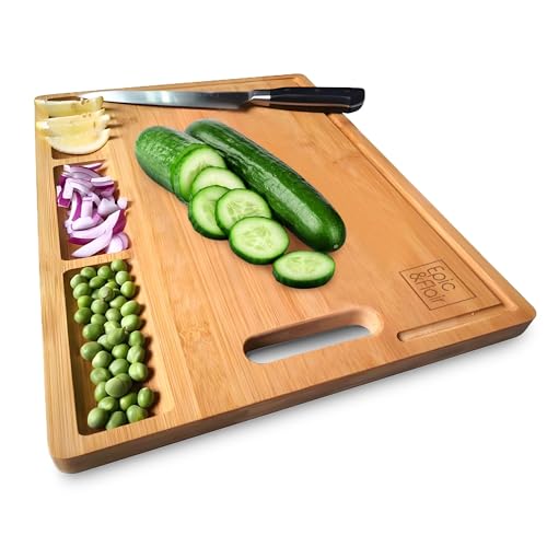 EPIC & FLAIR Extra Large Bamboo Cutting Board with Compartments and Juice Grooves, Thick Serving