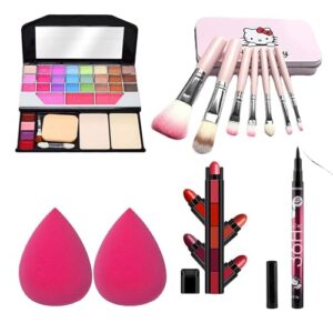 Women's & Girl's TYA 6155 Multicolor Makeup Kit and 7 Pink Makeup Brushes Set, 36H Black Eyeliner, 5