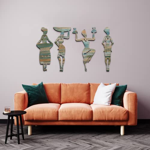 2 in 1 Rustic Green and Gold Tribal Women 4 Pcs Wall Decor Art, Hall Decoration Items for Living