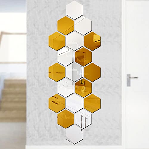 Wall1ders Hexagon 10 Silver 10 Gold Acrylic Mirror Stickers for Wall, Decorative Items Home