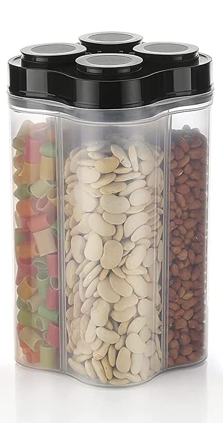 Basketo Airtight Transparent Plastic Lock Food Storage 4 Section Container Jar for Grocery, Fridge