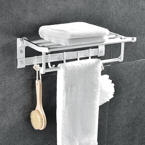 HOKIPO Compact & Space Saver 15 Inch Aluminium Foldable Towel Holder Rack Stand Bar with Hooks