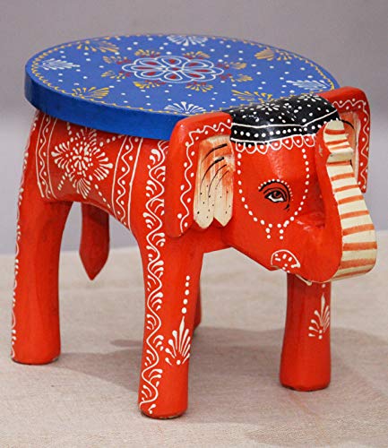 JH Gallery Handcrafted And Emboss Painted Colorful Wooden Elephant Stool, Cum Side Table, For