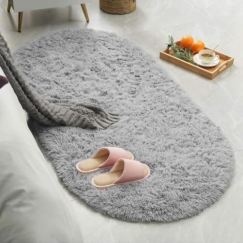 Clefairy Oval Fluffy Area Rugs, Grey Shaggy Rugs for Bedroom, Nursery Room Bed Side Plush Carpets,
