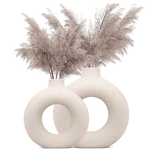 Indulge Homes White Ceramic Donut Vase Set Of 2|Donut Vases For Home Decor,Circle Round Modern
