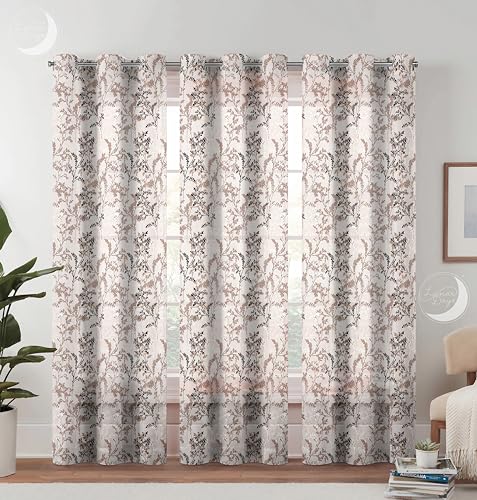 Lunar Days 3 Piece Polyester Semi-Sheer Floral Print Eyelet Door Curtains 7 Feet Long, Beige