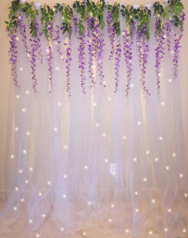 Special You White Net Sheer Curtains with Fairy LED Light and Purple Wisteria for Backdrop