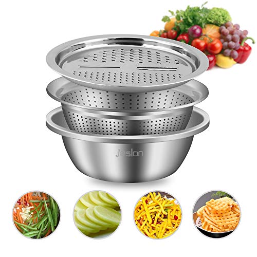 Jeslon 10 Inch Stainless Steel Drain Basket Vegetable Cutter, 3 in 1 Kitchen Multipurpose Julienne