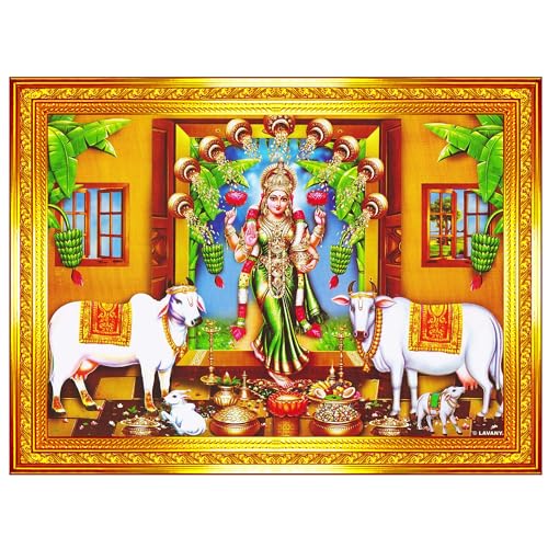Pavan Photo Laminations Goddess Lakshmi Devi Gruha Gruhalakshmi Cow Wall Painting Framed Home Decor