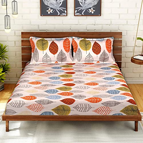 Kuber Industries Double Bedsheet|Glace Cotton Leaf Print Bedsheet with 2 Pillow Covers for Living
