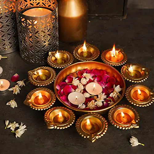 TIED RIBBONS Decorative Urli Bowl for Home Decor with 10 attached Oil Diyas for Floating Flowers and
