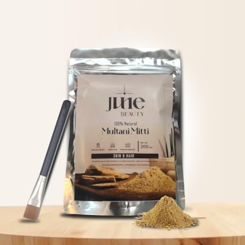 JUNE BEAUTY 100% Natural Multani Mitti Powder For Face Pack , Skin and Hair Pack with FREE Applicator Brush | Fuller's Earth | Natural Bentonite Clay | For Men & Women - 200 Gm With Applicator Brush