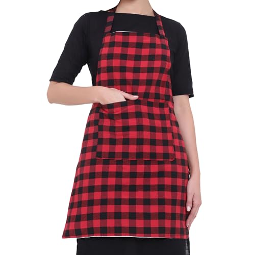 GLUN Waterproof Full Size Unisex Kitchen Checkered Apron with 2 Big Front Centre Pocket and Adjustable Neck Strap (RED-CHECKERED)