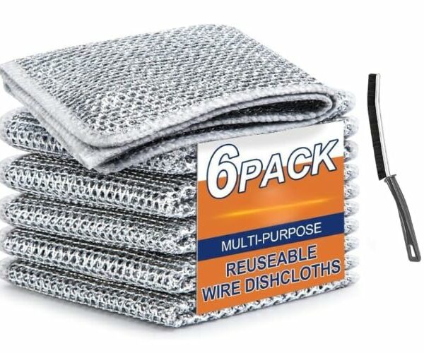 Claiez 6 Pack Non-Scratch Wire Dishcloth & Gaps Cleaning Brush, Multipurpose Wire Dishwashing Rags for Wet and Dry, Easy Rinsing, Reusable, Wire Cleaning Cloth for Kitchen, Sinks (6 Cloth+1 Brush)/