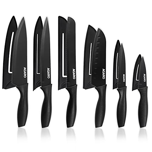 AGARO Royal 6 Pcs Kitchen Knife Set with Covers, High Carbon Stainless Steel Black Colour Coated Chef Knife I Utility Knife I Sontuku Knife I Bread Knife I Utility Knife I Paring Knife (Black)
