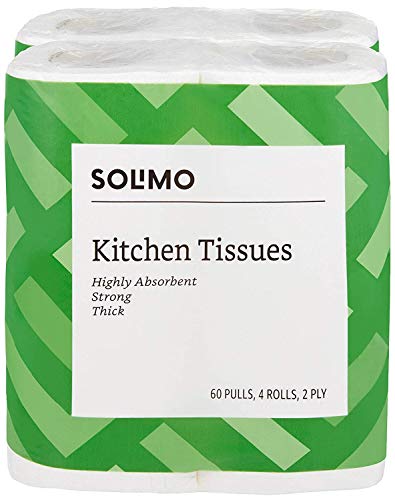 Amazon Brand - Solimo 2 Ply Kitchen Tissue Paper Roll, soft and highly absorbent - 4 Rolls (60 Pulls Per Roll, 240 Sheets)