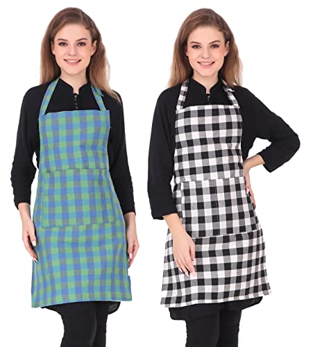 GLUN Waterproof Unisex Kitchen Checkered Design Apron with 2 Front Centre Pocket With Adjustable Neck Strap (Pack Of 2)