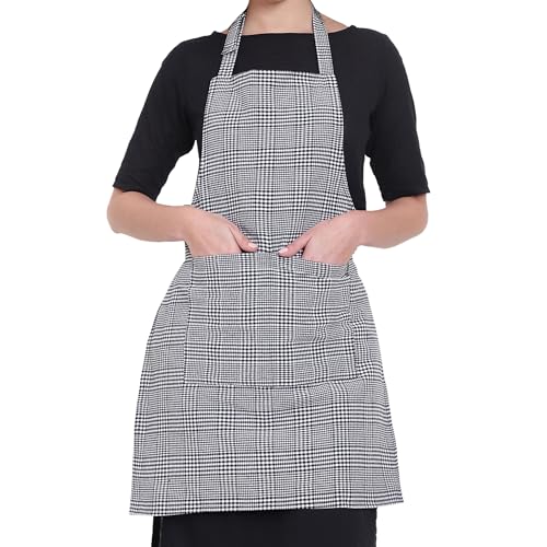 GLUN® Kitchen Cooking Aprons, Small White & Black Checkered Color Adjustable Bib, Chef Apron with 2 Pockets, Long Ties, Long Neck Strap for Men & Women Unisex Apron