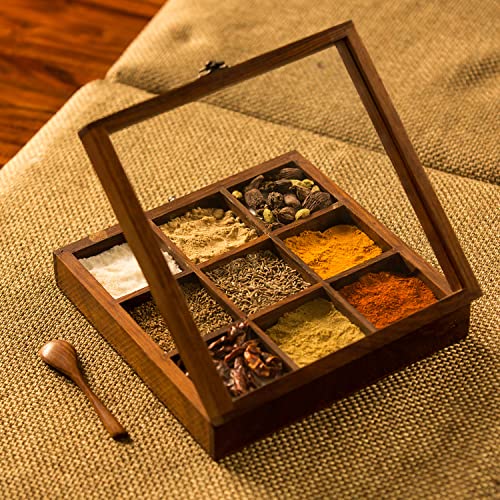 ExclusiveLane Sheesham Wooden Table Top Masala Dabba Containers Jars & Kitchen Spice Box with Spoon Masala Box For Kitchen (Sheesham Wood, Non Removable Partitions, Brown), 50 Ml