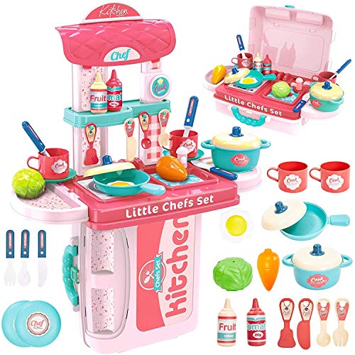 Cable World Plastic 3 in 1 Portable Pretend Food Party Role Cooking Kitchen Play Set Toy for Boys and Girls - Pink