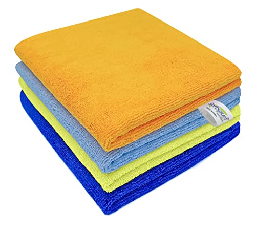 SOFTSPUN Microfiber Cleaning Cloths, 4pcs 40x40cms 340 GSM Multi-Colour! Highly Absorbent, Lint and Streak Free, Multi -Purpose Wash Cloth for Kitchen, Window, Stainless Steel, Silverware.