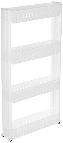 Amazon Basics - Solimo Plastic 4 Layer Slim Freestanding Storage Kitchen Organizer Rack With Wheels (White, Tiered Shelf)