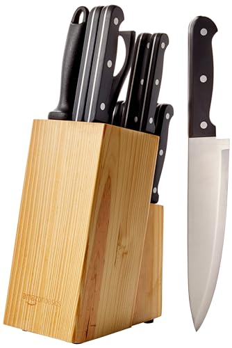 amazon basics Stainless Steel Knife Set with High-carbon Blades and Pine Wood Block, 14 Pieces
