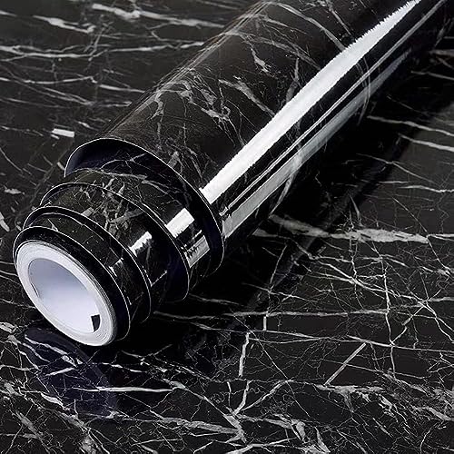 JRM Vinyl Marble Wallpaper Peel and Stick Waterproof Wallpaper for Home Kitchen Countertop Cabinet Furniture Oil Proof Kitchen Stickers (1, Black 60X200)