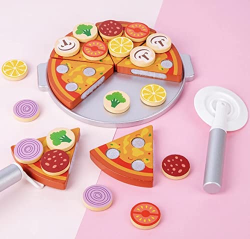 TOYARTSY Kids Pretend Play Simulation Wooden Sticky Pizza Kitchen Food Play Cutting Baby Role Playing Game Toy
