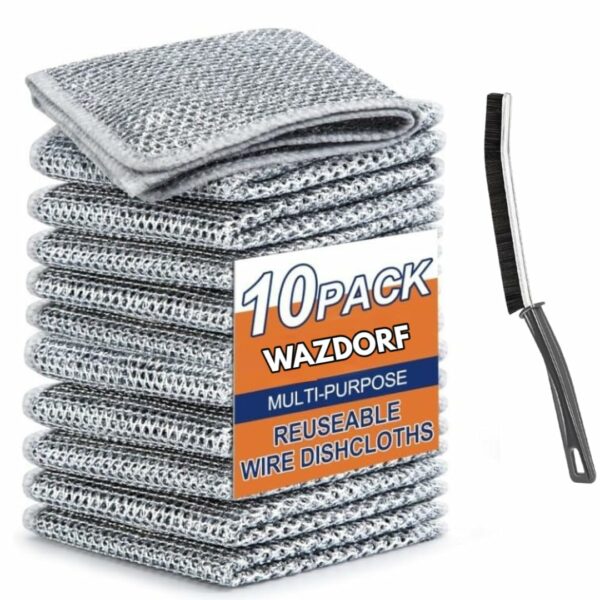 WAZDORF 10 Pack Non-Scratch Wire Dishcloth & Gaps Cleaning Brush, Multipurpose Wire Dishwashing Rags for Wet and Dry, Reusable, Wire Cleaning Cloth for Kitchen, Sinks (10 Cloth +1 Gap Brush)