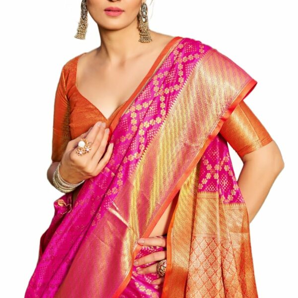SWORNOF Women's kanjivaram banarasi silk saree for partywear,festival,Wedding silk with rich pallu Design sarees for women with Unstitched blouse piece
