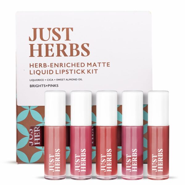 Just Herbs Ayurvedic Liquid Matte Lipstick Kit Set Of 5 With Long Lasting, Hydrating & Lightweight Lip Colour, Brights & Pinks - Paraben & Silicon Free - 5 Ml