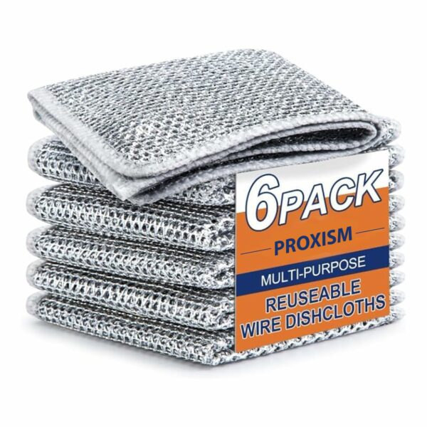 PROXISM Non-Scratch Dish Wash Cloth (Pack of 6), Steel Wire Dish Cloth, Wire Dishwashing Rags for Wet and Dry Stainless Steel Scrubber Non-Scratch Wire Dishcloth for Washing Dishes Sink-S (6)