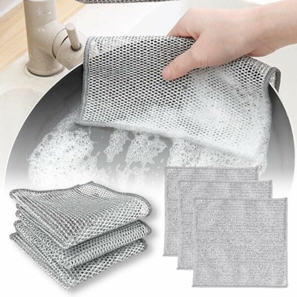 Fuelbyte Double Layered Dish Wash Cloth (Pack of 3) Non Scratch Steel Wire Dish Cloth Wet and Dry Dishwashing Rugs for Kitchen Accessories Items Cleaning Supplies for Sinks Counters (3 Pcs)