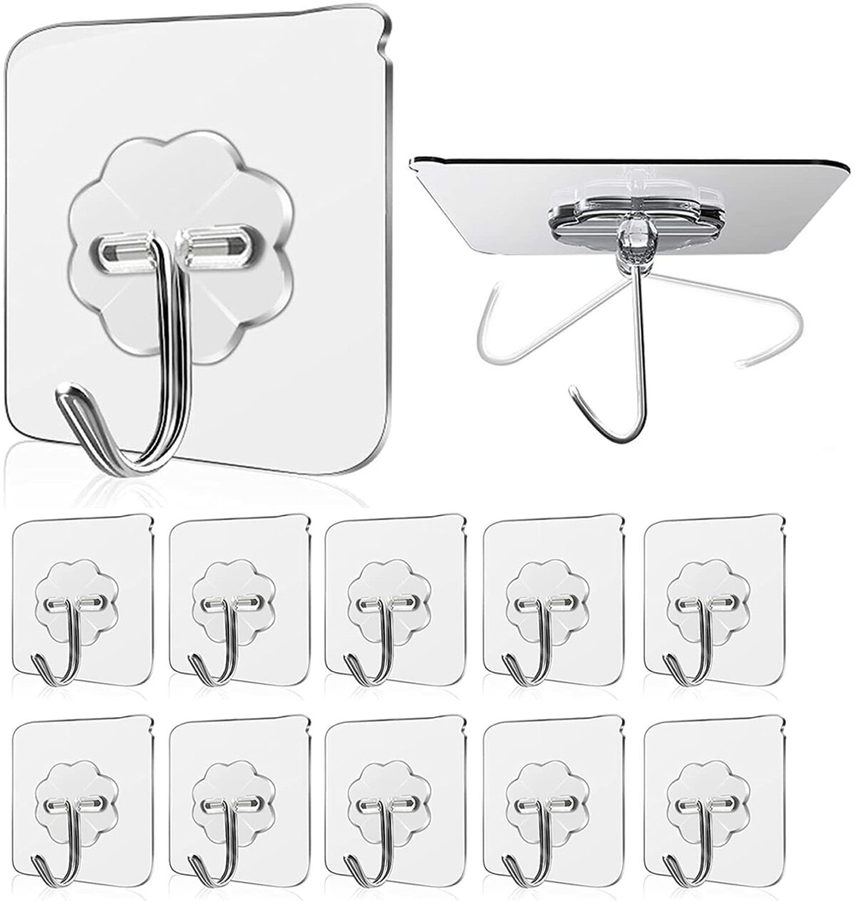 JIALTO Adhesive Hooks Kitchen Wall Hooks-Heavy Duty 13.2lb(Max) Nail Free Sticky Hangers with Stainless Hooks Reusable Utility Towel Bath Ceiling Hooks-10 pcs