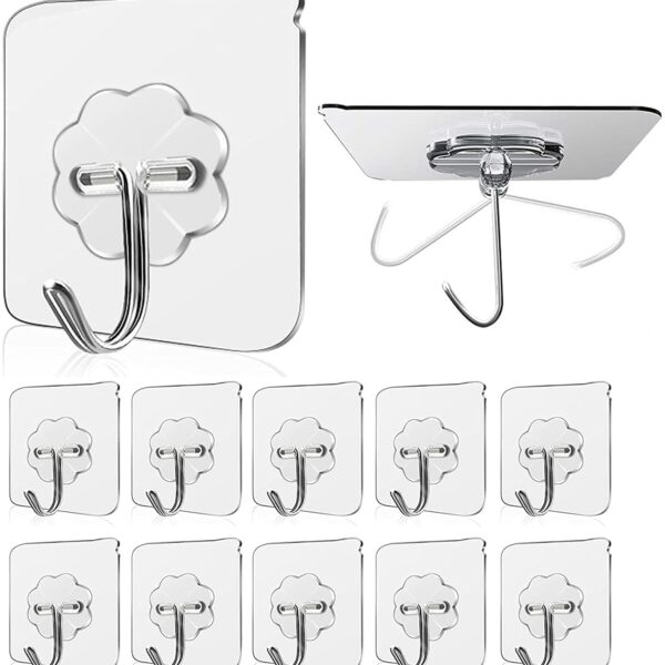JIALTO Adhesive Hooks Kitchen Wall Hooks-Heavy Duty 13.2lb(Max) Nail Free Sticky Hangers with Stainless Hooks Reusable Utility Towel Bath Ceiling Hooks-10 pcs
