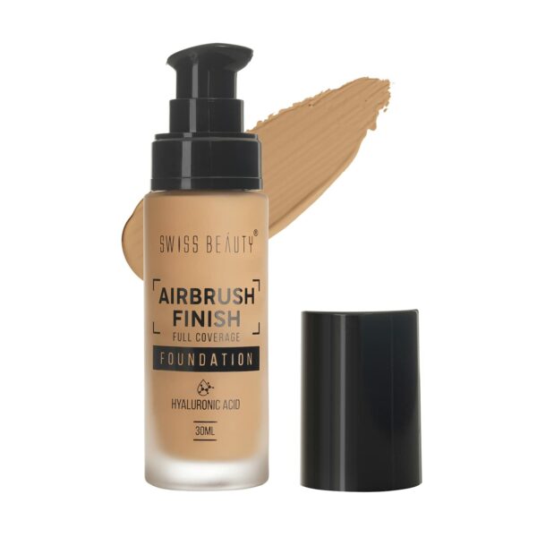Swiss Beauty Airbrush Finish Lightweight Foundation | Full Coverage Blendable Foundation For Face Makeup |With Benefits Of Hyaluronic Acid, Aloevera And Vitamin E | 30Ml | Shade- Golden Beige