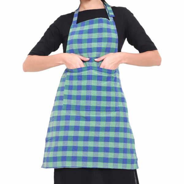 GLUN Waterproof Unisex Kitchen Apron Checkered with 2 Big Size Front Centre Pocket and Adjustable Neck Strap (Blue-Green)
