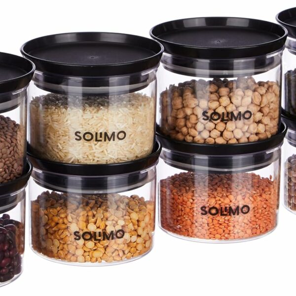 Amazon Brand - Solimo Plastic Storage Jar and Container Set I Air Tight & BPA Free Containers for Kitchen Storage Set I Grocery Kitchen Container Set I Multipurpose Jar, 500 Ml Each, Set 8, Black