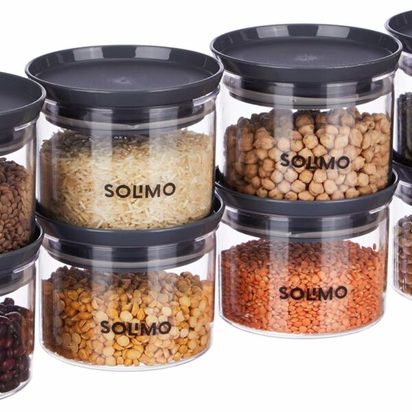 Amazon Brand - Solimo Plastic Storage Jar and Container Set I Air Tight & BPA Free Containers for Kitchen Storage Set I Grocery Kitchen Container Set I Multipurpose Jar, 500 Ml Each, Set 8, Grey