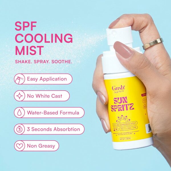 Gush Beauty Sun Spritz SPF 50 + | Refreshing, Moisturizing & Quick-Absorbing Liquid Sunscreen Sunscreen Spray | No White Cast | For All Skin Types | 50ml