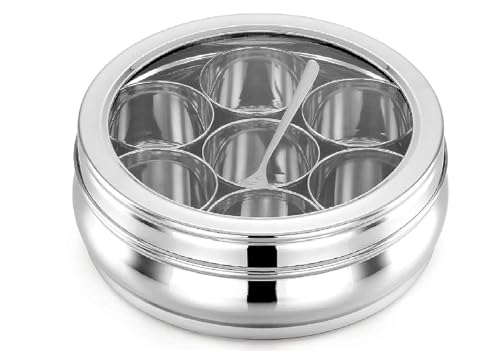 ATROCK Masala Dabba | Masala Box Stainless Steel For Kitchen | Masala Dani | Spice Storage Container (Glass Lid, 1200Ml), Silver
