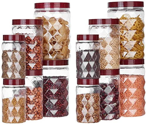 Amazon Brand - Solimo Plastic Pet Storage Jar and Container, Set of 12 (4 pcs x 300 ml, 4 pcs x 600 ml, 4 pcs x 1.2 ltrs Each) Red Wine | Air Tight | Kitchen Organiser | BPA Free | Stackable