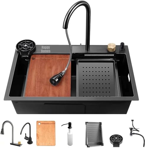 HAPPY HOMES 304 Grade 24X18X10 Waterfall Satin Kitchen Sink With Integrated Waterfall And Pull Down Faucet, Fruit Basket With Complete Accessories,Black