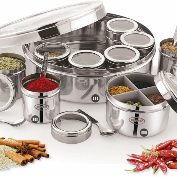MARU 12 IN 1 Spice Box Stainless Steel with Middle Container Partitions | Masala Dabba Steel Masala Box For Kitchen Steel | Masala Dani For Kitchen See Through Lid (Size 13 Large 21.5cms) Silver