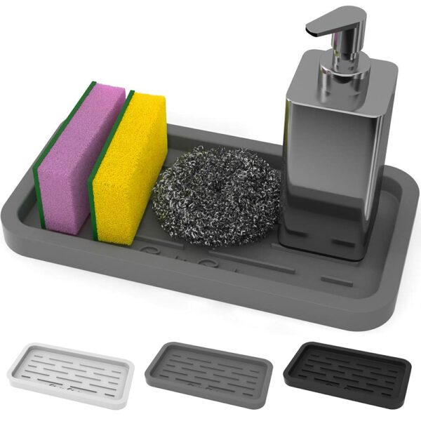 Sponge Holder - Kitchen Sink Organizer Tray for sponges, Soap Dispenser, Scrubber, and Other Dishwashing Accessories (Gray)